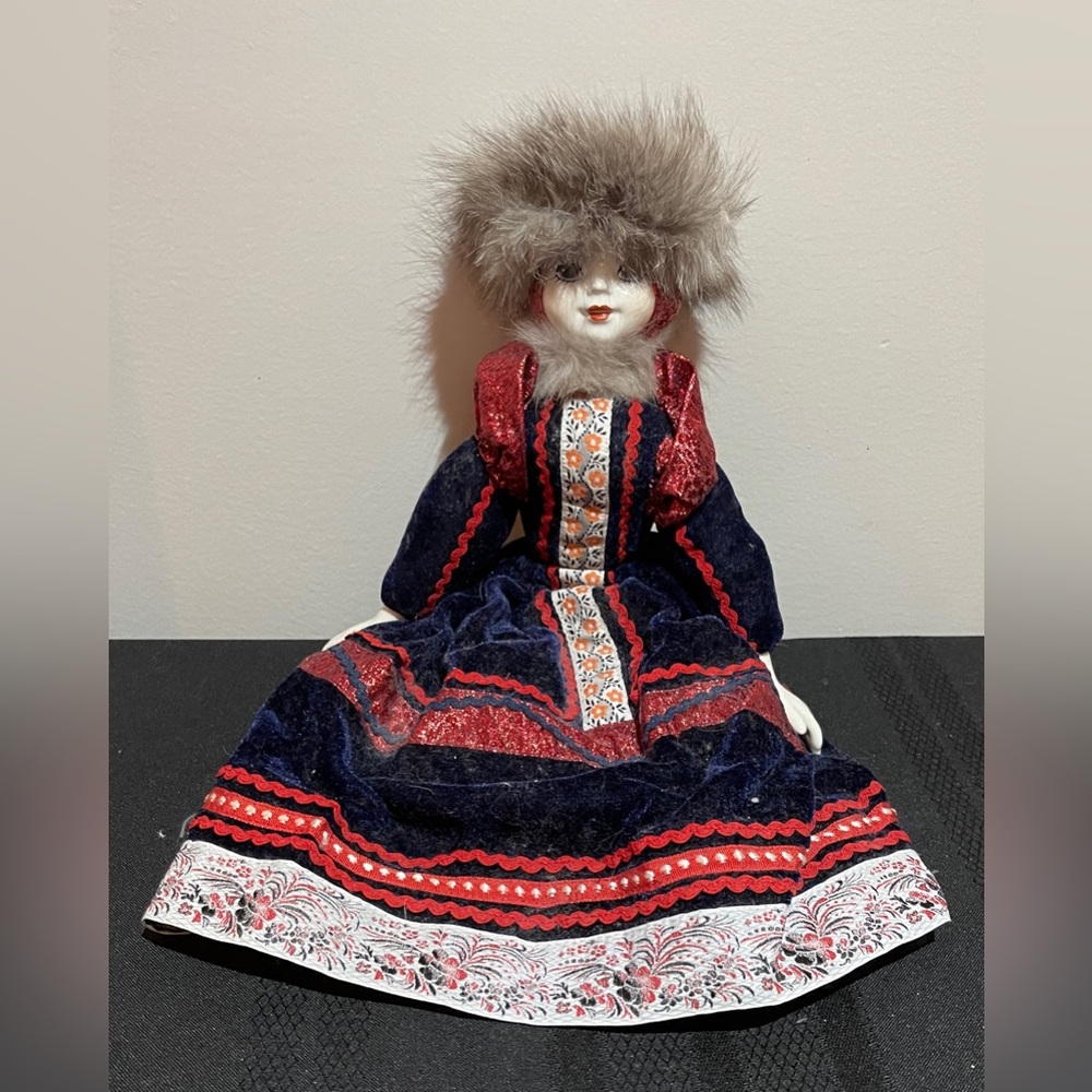 Vintage Russian Doll with Fur Hat and Embroidered Dress